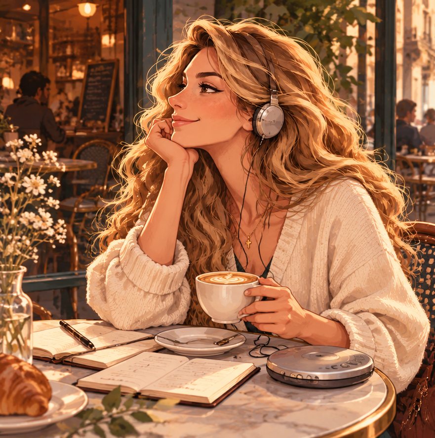 Ilustración: la doctora en una terraza con un café, unos cascos y su cuaderno