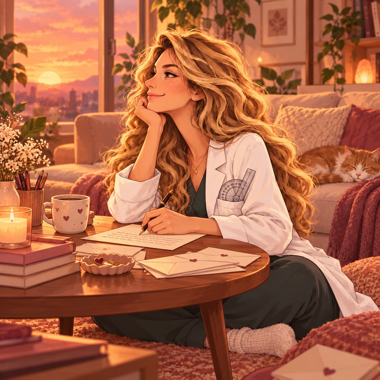 Ilustración: la doctora escribe una carta a mano en la mesa del salón, al atardecer
