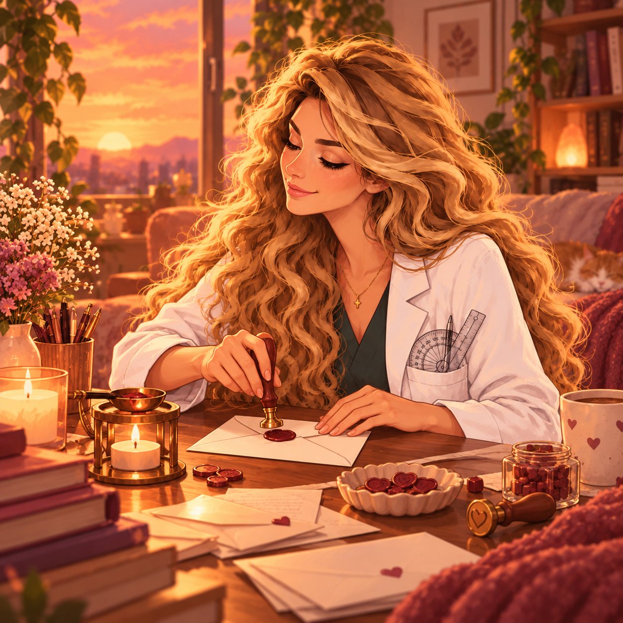 Ilustración: la doctora cierra un sobre con un sello de lacre en forma de corazón