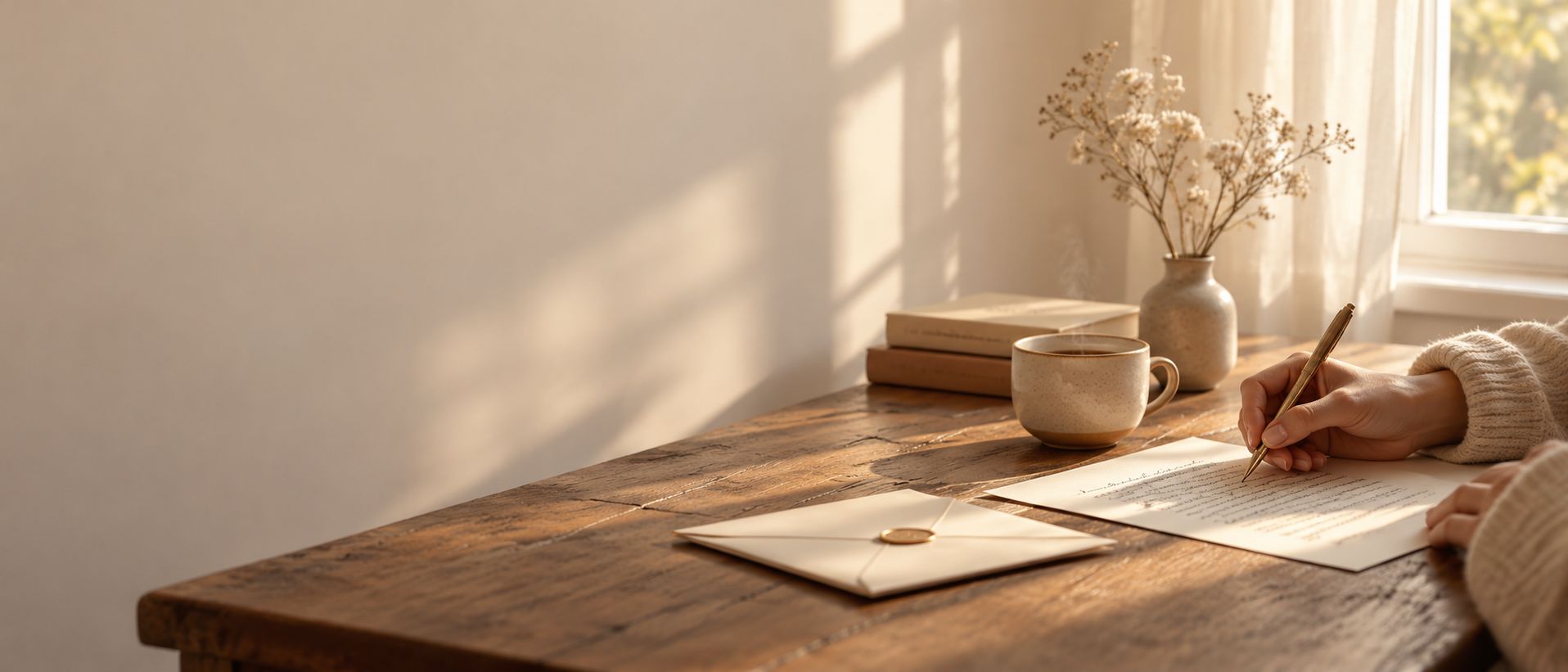Manos escribiendo una carta a mano junto a una taza de café y un sobre cerrado con lacre, a la luz de la tarde